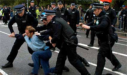 Heavy handed policing at the Defences Systems and Equipment International arms fair (DSEi) protests in Docklands, London, September 2003