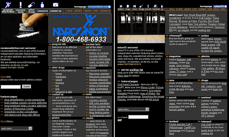 comparison: urban75 vs Narconon pages